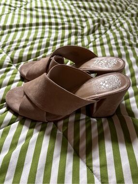 Vince Camuto Taupe Suede Crisscross Block Heel Mules